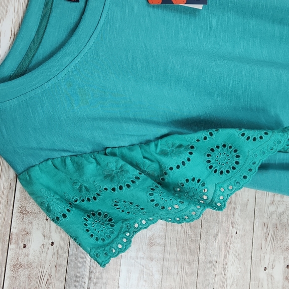 NWT, Indigo Poppy, Women's Teal top, short laced sleeves, with ruffle hemline. S - Picture 3 of 8